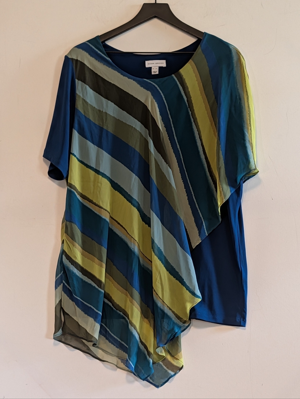 Susan Graver Striped Chiffon Overlay Top XL Asymmetrical Blouse Artsy Style